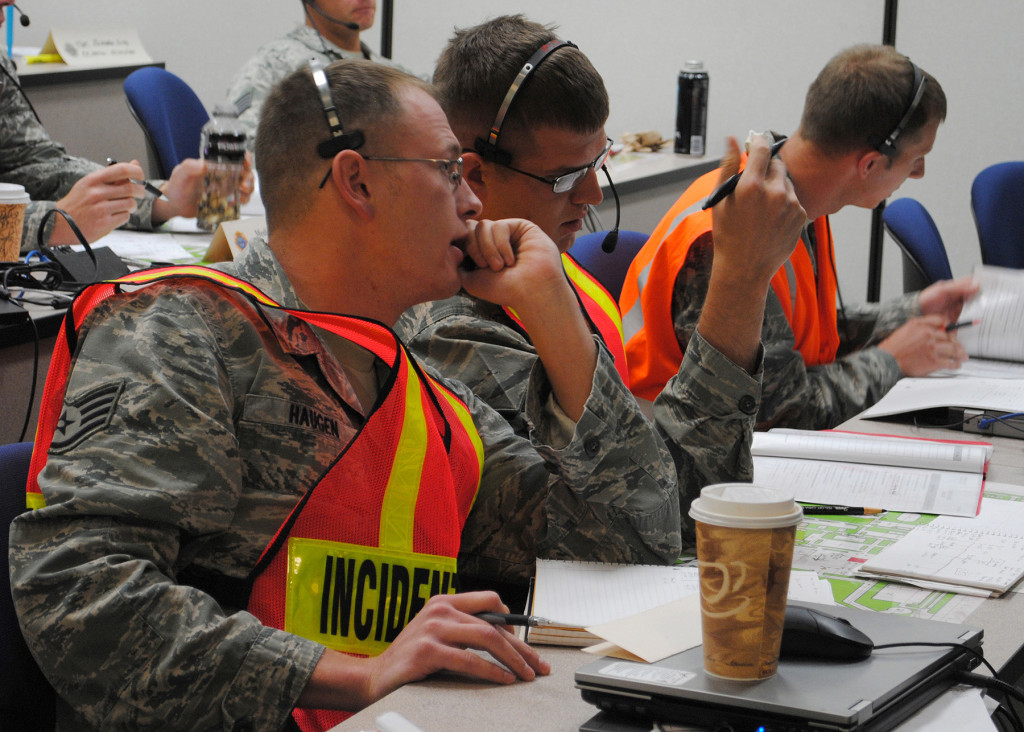 National Guard troops practice putting an "O" before "A" in a simulation run by Homeland Security